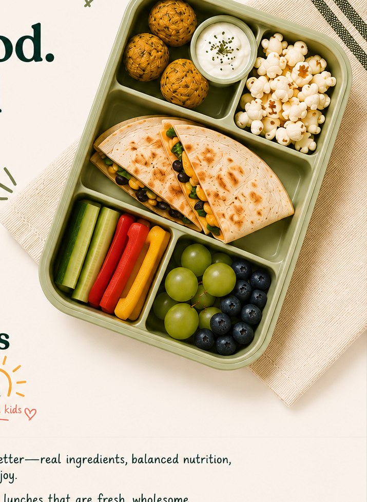 Kid-friendly falafel, hummus, vegetables and fruit